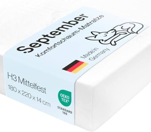 September Matratze 180x220 cm H3 mittelfest Komfortschaum Höhe 14 cm | Made in Germany, OEKO-TEX STANDARD 100, CertiPUR, Aloe Vera Bezug, Reißverschluss, Abnehmbar, Waschbar 60°C