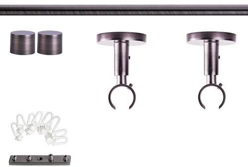 Victoria M. Gardinenstange Set mit Kappenknäufen mit Deckenhalter und Flachring und Innenlauf Ø 19 mm Länge 160cm, 1-Läufig, Anthrazit gebürstet