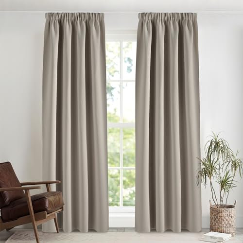 PONY DANCE Vorhang Blickdicht Gardinen mit Kräuselband 2er Set H 245 x B 140 cm Sandfarben, Verdunkelungsvorhang für Schiene Thermogardine gegen Kälte Blackout Curtains for Bedroom