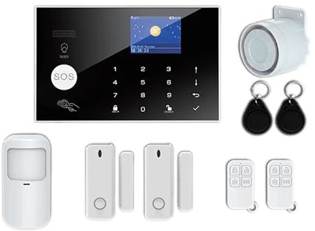 WIBY Sistema di Allarme Casa Senza Fili, GSM SMS Sistema Antifurto Completo con Sirena Allarme 120dB, Telecomando Intelligente, Display LCD, Invite vocale, Sicurezza per la ufficio, casa