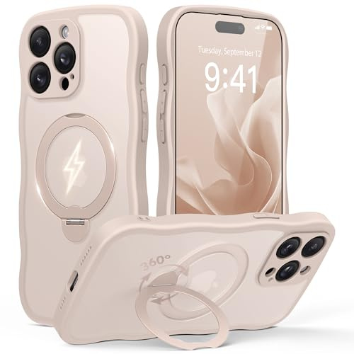 GolbinBox Magnetic for iPhone 15 Pro Case with 360° Stand for Women | [Compatible with Magsafe][Cute Wave Edge][Military-Grade Protection]Translucent Matte Case for iphone 15 Pro,Rose Gold