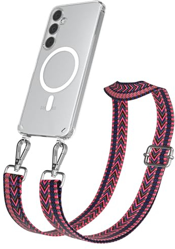 EAZY CASE Handykette - Verstellbares Taschenband kompatibel mit Galaxy S24 Plus, Schulterriemen, Handykordel mit Silikon Hülle, Qi Charging kompatibel, Umhängetasche, Pink Blau Silber