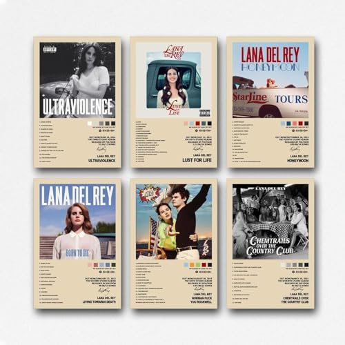 Mianm A Set Of 6 Lana Del Rey Poster Music Singer Vintage Album Cover Poster Für Zimmer, Ästhetische Leinwand-Wandkunst, Schlafzimmer-Dekor Poster 08x12inch(20x30cm)