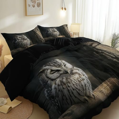 Bettwäsche 135 x 200 cm Ruhige Eule Design - Sommer Bettwäsche Set Weich Microfaser, Atmungsaktiv & Hautfreundlich - Wendebettwäsche mit Reißverschluss, Schwarz