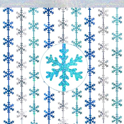 G2PLUS 2PCS Snowflake Foil Curtains, 1m x 2m Glitter Tinsel Curtain | Iridescent Blue Silver Snowflake Decoration for Christmas, Winter Wonderland, Frozen Party