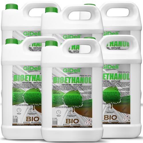 GiDeli bioethanol 6 x 5l Waldduft 96,6% Ethanol für Innen & Außenkamine Rauch und Rußfrei - Aus Mais & Zuckerrüben