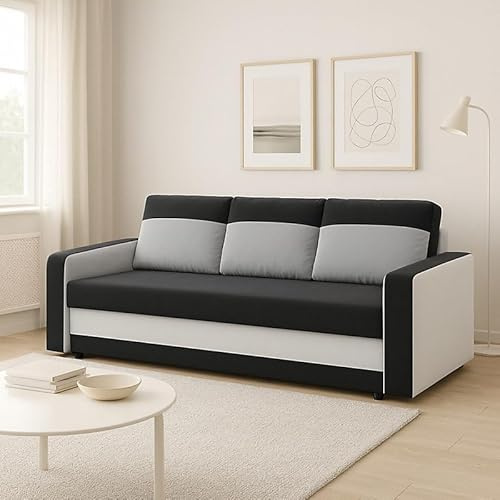 Agritrade AK Orion Sofa Bed – Modern Convertible Couch with Optional Corner Section & Storage – Multiple Colours (Black+Cream, Standard Sofa)