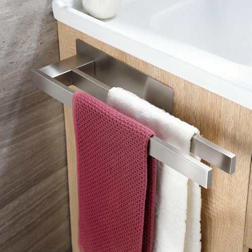 ZUNTO Self Adhesive Towel Rail with 2 Arms for Bathroom - 40cm/15.74in - No Drilling Wall Mounted Towel Rack Holder, Heavy Duty Stainless Steel, Silver