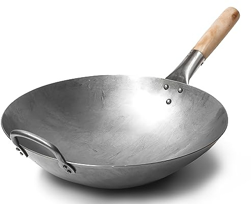 QQNQQ Gusseiserner Wok, traditioneller handgehämmerter Pow-Wok aus Kohlenstoffstahl mit Holz- und Stahlgriff (35,5 cm, runder Boden)/731W88