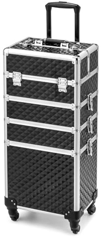 Bonnlo 4 in 1 Rolling Makeup Train Case, Aluminum Makeup Travel Organizer Cosmetic Case, Cosmetology Display Suitcase on Wheels, Beauty Storage Luggage Lockable w/4 Removable Wheels - Black & Silver