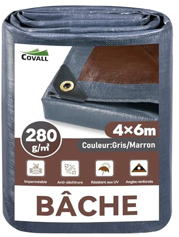 Covall Lona Impermeable 4x6m 280g Versión Mejorada | Jardín, Terraza, Camping | Ojales Reforzados y Resistente al Desgarro