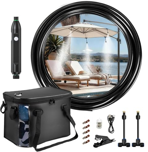 Sistema de rociado portátil para terraza exterior – Neblina para enfriamiento de terraza, sistema de neblina portátil con bomba de agua de 4500 mAh, cubo de 20 l, 8 boquillas, neblina de agua para