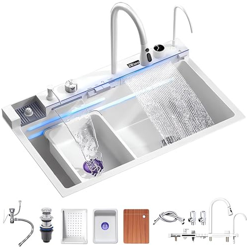 Coubird Fregadero viral multifuncional 80x45 CM, Fregadero inteligente cascada, Fregadero con escurridor, Un lavatorio de cocina adecuado para la cocina y el restaurante (Blanco, 80X45CM)