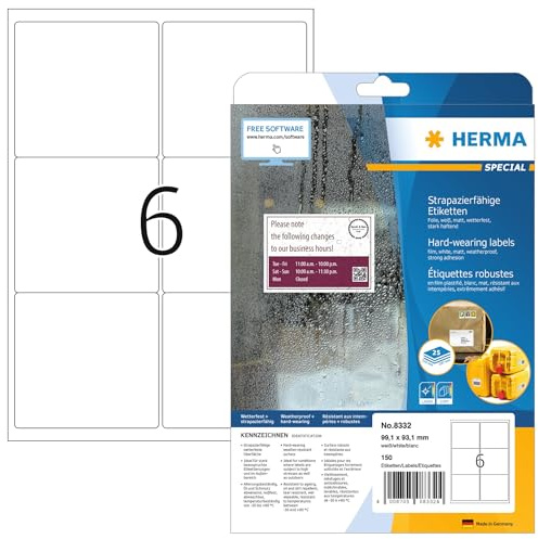 HERMA 8332 Wetterfeste Versandetiketten, 25 Blatt, 99,1 x 93,1 mm, 6 pro A4 Bogen, 150 Stück, selbstklebend, bedruckbar, matt, blanko Adressetiketten Aufkleber aus Folie, weiß