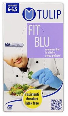 Tulip Fit Blu, Guanti in nitrile senza polvere, Monouso, S (6-6.5), Confezione da 100 pezzi