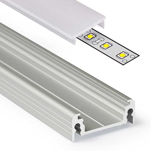 1m Aluprofil SURFACE14 (SU14) 1 Meter Aluminium Profil-Leiste eloxiert für LED Streifen - Set inkl Abdeckung-Schiene milchig-weiß opal mit Montage-Klammern und Endkappen (1 Meter milchig click)