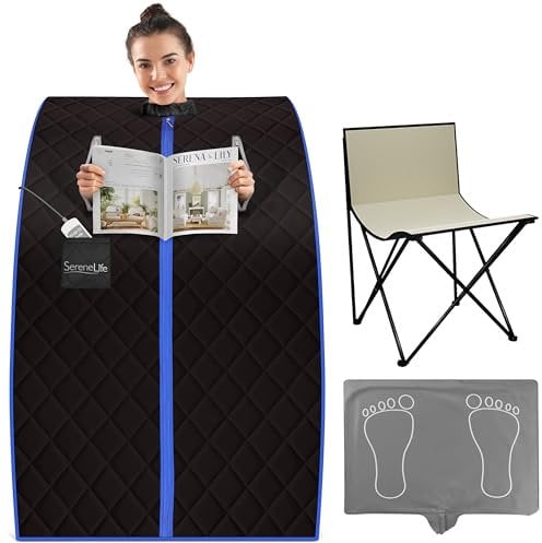SereneLife sauna portátil, Infrarrojo, Para el hogar, Individual, Con almohadilla calefactora para los pies, Silla plegable