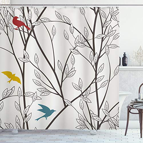 ABAKUHAUS Vögel Duschvorhang, Vögel Wildlife Cartoon, Stoffliches Gewebe Badezimmerdekorationsset mit Haken, 175 x 180 cm, Senf