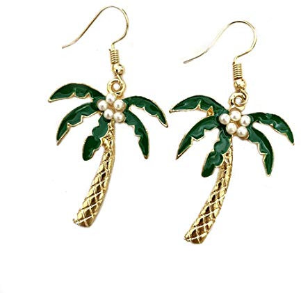 Coconut Palm Tree Green Gold Hook Earrings UK