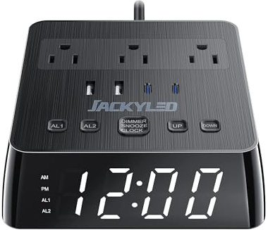 JACKYLED Alarm Clock with 4 USB Chargers, Power Strip 3 Outlets, 1700J