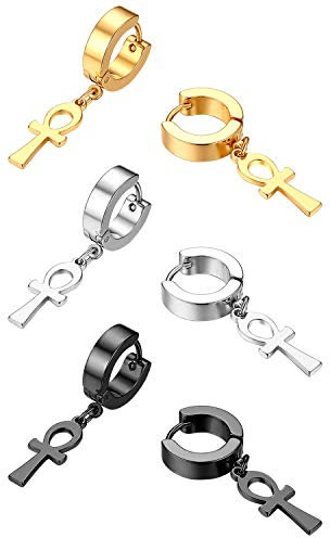 Flongo 3 Paar Damen Ohrringe Set Edelstahl Creolon Stecker Gestüt mit Kreuz Kruzifix Kette Anch kreuz Anhänger Ohrstecker Ohrhänger hängend Gotik Punk für Frauen Männer Herren schwarz silber gold Set