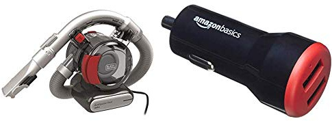 Black & Decker PD1200AV-XJ Aspirateur à Main sans Fil - 8,8 airwatts - 12 V - Capacité du Bol : 560 ML, Embout suceur et Sac + Amazon Basics Chargeur 2 Ports USB de Voiture 4,8 Amp/24 W, Noir/Rouge