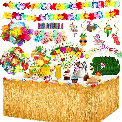 Chennyfun 108PCS Hawaiian Tropical Party Decoration Set | Hawaiian Grass Table Skirt, Palm Leaves, Hawaiian Flowers, Cake Solitaires, Flower Banners for Hawaiian Themed Beach Party