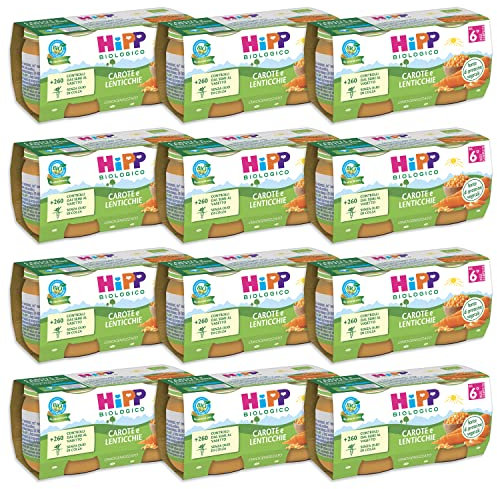 HiPP - Omogeneizzato Biologico per Neonati, Gusto Carote e Lenticchie, Fonte di Proteine Vegetali, 24 Vasetti da 80 gr