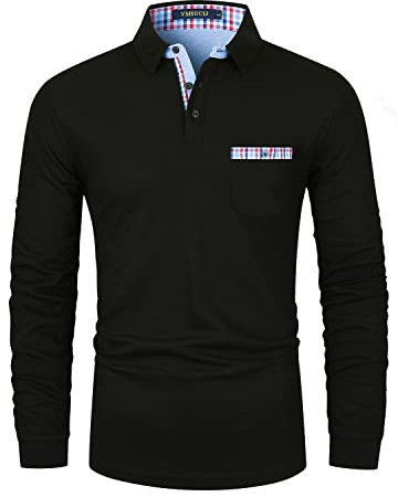 VMSUCIJ Poloshirt Herren Langarm Baumwolle Regular Slim Fit Plaid Denim Golf Polohemd M-3XL,Schwarz,3XL
