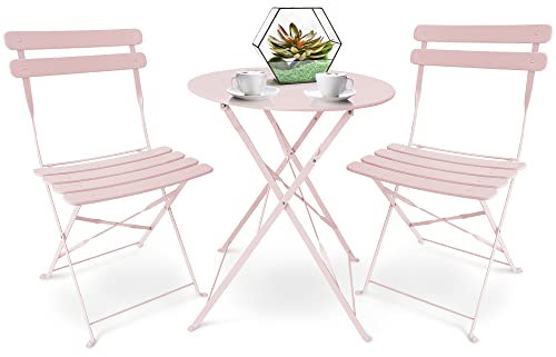 SUNMER Patio Bistro Set 3 Piece with Foldable Table and Chairs - Powder Coated Steel Frame, Easy to Transport, Each Chair can Support 120kg - Ideal for Gardens, Patios, Balconies - Pink