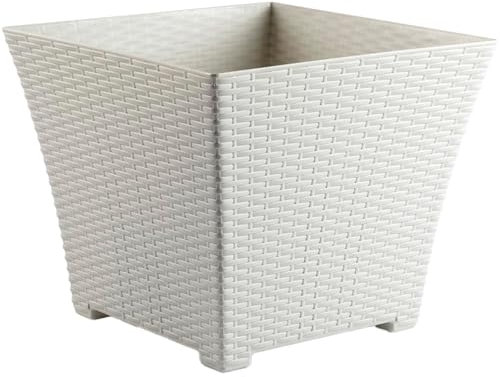 Acan Tradineur - Maceta Rattan Cuadrada de Plástico - Fabricado en España - Ideal para Plantas, hogar, jardín y terrazas - 30 cm - Color Blanco Marfil