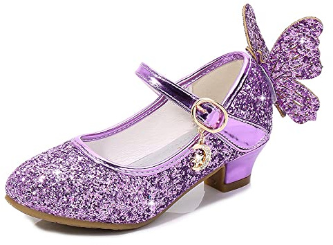 KUWIBY Girl Sandals Glitter Princess Shoes Sequin Party Shoes Bling Bowknot High Heels Wedding Birthday Dress Comfort Bright Diamond Cosplay Dance for Little Girls Christmas Purple