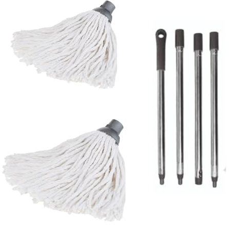 Requisite Needs long cotton floor mop – Looped string mop with detachable head and handle – ergonomic design – lightweight and easy to use – Includes 2 Cotton strings mop heads