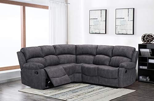 Furnishings For Less UK Alaska Grey Fabric Reclining Corner Sofa 5 Seater Suede Manual Recliner Comfortable Padded Arms
