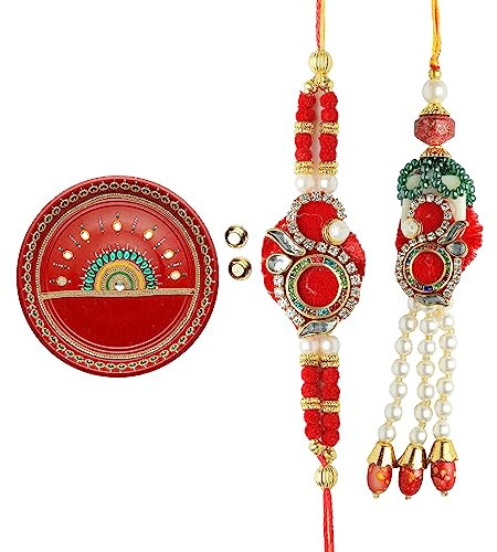 Aditri Creation Decorative Pooja Thali Plate Platter Stainless Steel Puja Thali with Essential Pooja Articles for Aarti Pooja Rituals Festival Decorations & Home Decor Gifting (Size:- 10)(Red)