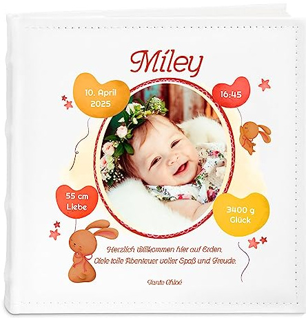 Maverton Fotoalbum zum Selbstgestalten mit Aufdruck für 200 Fotos 10x15 | Seiten, Größe: 21x22cm, Weiß, personalisierte Geschenke für Kind zur Taufe Geburt, Geburtstagsgeschenk