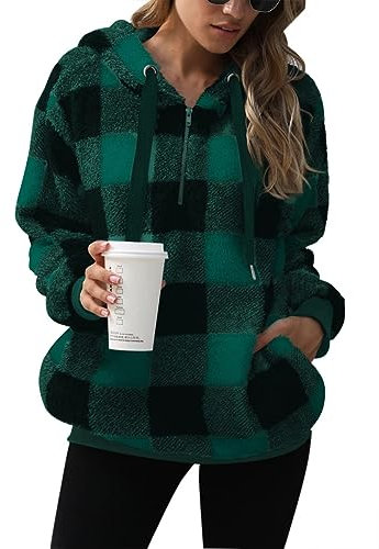 GRMLRPT Felpa con Cppuccio Donna Casual in Peluche Felpa Pile con Cappuccio Modello a Scacchi Maglione Caldo a Maniche Lunghe(Verde,L)