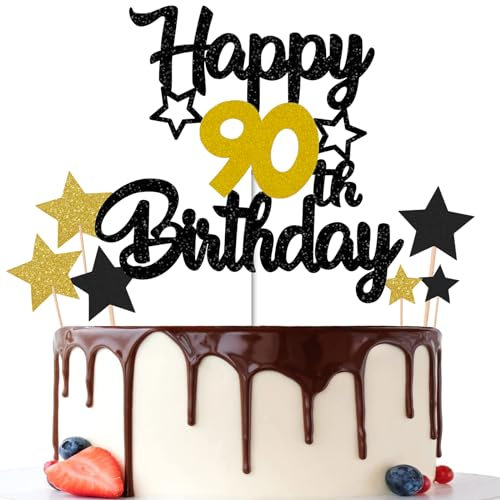 Gidobo 90th Birthday Cake Toppers, Black Gold Glittery Cake Decorations with Stars, Ninety Years Old Birthday Party Supplies for Men and Women