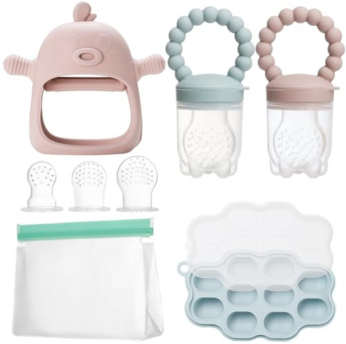 WEST STORY Tetine Grignoteuse Bébé, Tetine Fruits Bebe en Silicone, Inclus Bébé Food Rangement Nourriture, 2 Grignoteuse 3 Tailles de Tétines pour Bébé de 3~24 Mois, Jouets de dentition (Bleu & Rose)
