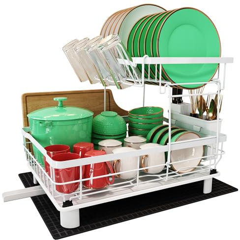 Boosiny Escurreplatos de 2 Niveles, Escurridor de Platos de Acero Inoxidable para Encimera de Cocina con Soporte para Utensilios, Portavasos, Grand de Escurridor de para Fregadero
