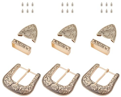 BENECREAT 3 Sets Antik Gold Gürtelschnalle Set, 38mm breite Western Cowboy Schnalle aus Legierung Gürtelschnalle Ersatz für austauschbare Schnallen