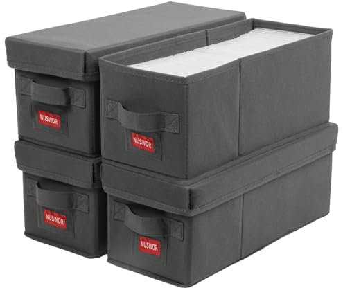 NUSWOR Premium CD Storage Box | Stackable CD Organizer Box with Lid | Holds 140 Jewel Cases | 14.37 x 5.5 x 6.3 inches | 4 Pack | Grey