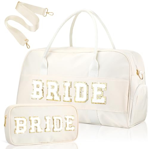 Bulyoou 2 Pcs Wedding Weekender Bag Bride Groom Duffle Bag Chenille Letter Patch Travel for Bridal Shower Honeymoon Gift(Bride,White)