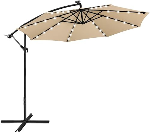 Yaheetech 10FT Solar Offset Umbrella with 32 LED Lights Cantilever Hanging Outdoor Umbrellas Handy Crank & Cross Base for Lawn/Deck/Backyard/Pool Tan