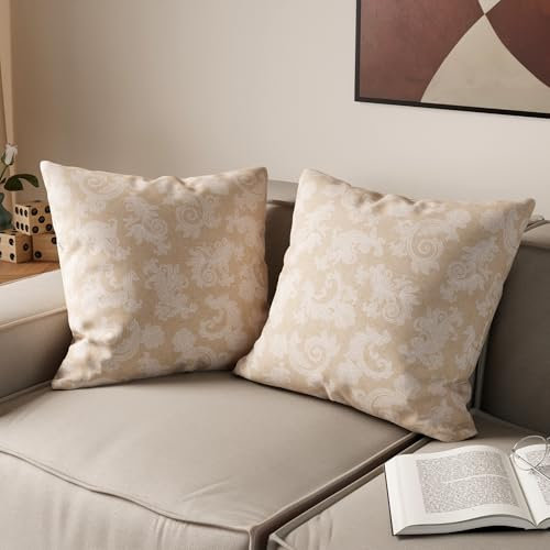 Encasa XO Cubiertas De Cojín Floral De Algodón De Chambray | Beige Juego de 2 I 40x40 cm I Cubierto Solo I Decorative Floral Square Pillowase I Lavable | Solamente para Uso En Interiores