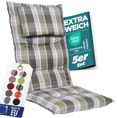 gardisun Gartenstuhlauflagen Hochlehner mit Kopfteil, 5er Set, Grün kariert | Extra Dicke Sitzauflagen, Made in EU, Polsterauflagen für Hochlehner, Auflagen mit extra hoher Lichtechtheit