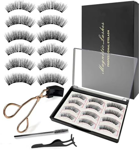 EONFAVE Magnetische Wimpern Kit, 12 StüCk Magnet Wimpern Set, Wiederverwendbare Magnetic Lashes, 3D Künstliche Magnetische Wimpern mit Zange, NatüRlicher Buschig Look, Kein Kleber Erforderlich