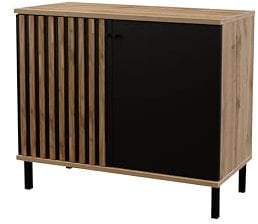 Albello Kommode Londo Zweitürige Kommode Schlafzimmer Kommode Modernes Sideboard Kommode für das Wohnzimmer Kommode für den Flur Schwarz und Lamellen 100 cm x 45 cm x 85 cm