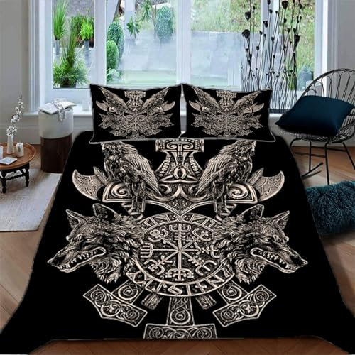 Ruiqieor Bettwäsche 155x220cm,Wikinger Totem Motiv Bettbezüge 3teilig Microfaser-Baumwolle Bettbezug mit Reißverschluss und 2 Kopfkissenbezug für Jungen Mädchen Komfort（#7）