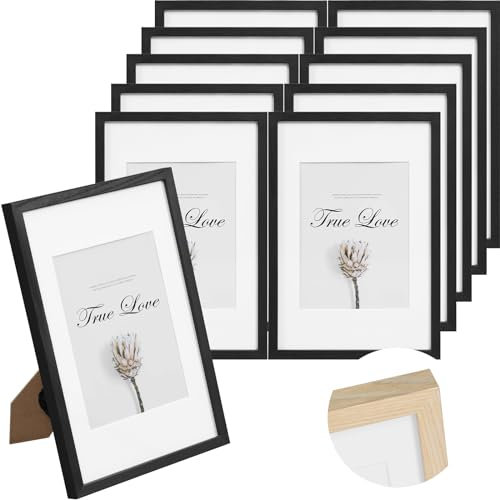 EUGAD 10er Set Bilderrahmen 20x30 cm, Massivholzrahmen mit Passepartout, Fotorahmen mit bruchsicherem Acrylglas, zum Aufhängen & Aufstellen, für Fotos Bilder, Schwarz